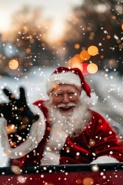 Photo a santa claus is waving in the snow