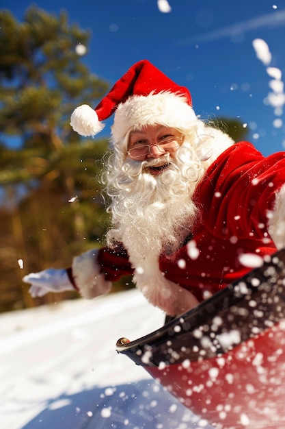 a santa claus is wearing a santa hat and has a snowboard attached to it