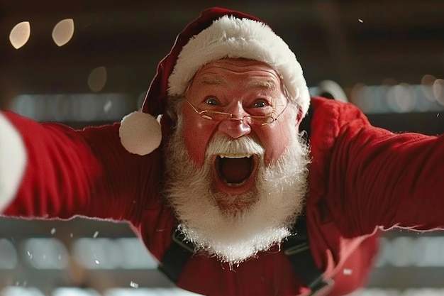 Photo a santa claus is wearing a santa suit and has his mouth open