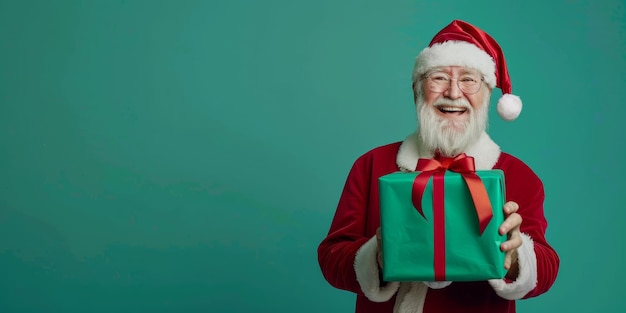 Photo santa claus joyfully holding a beautifully wrapped gift in front of a festive green backdrop