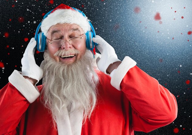 Santa claus listening to music on headphones