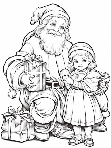 Santa claus and little girl coloring pages generative ai