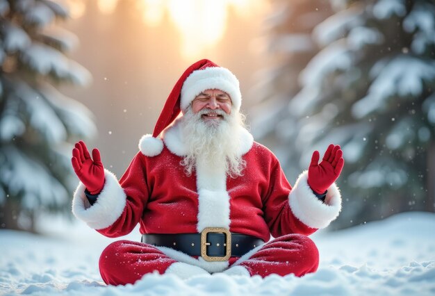 Photo santa claus in the lotus position happy in the snowcovered forest