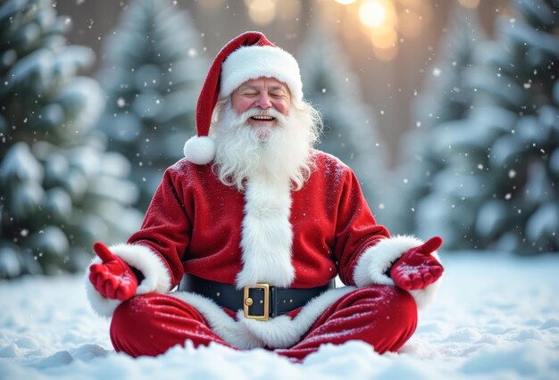 Photo santa claus in the lotus position happy in the snowcovered forest