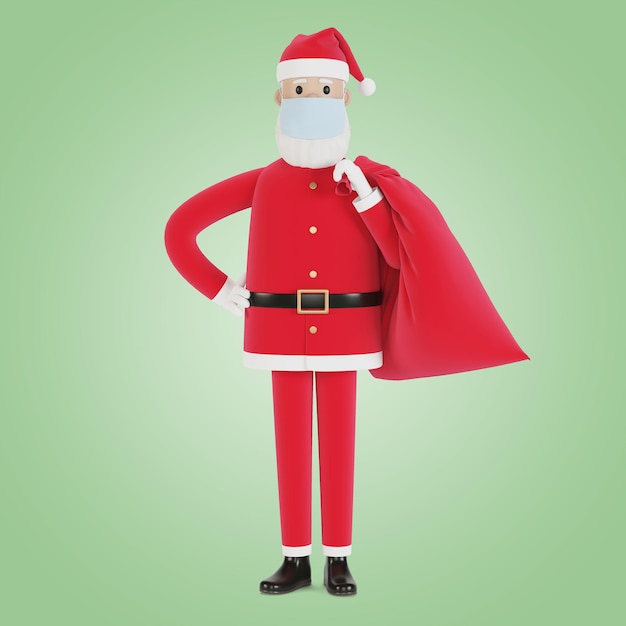 Santa Claus in a mask with a bag of gifts. For Christmas cards, banners and labels. 3D illustration in cartoon style.