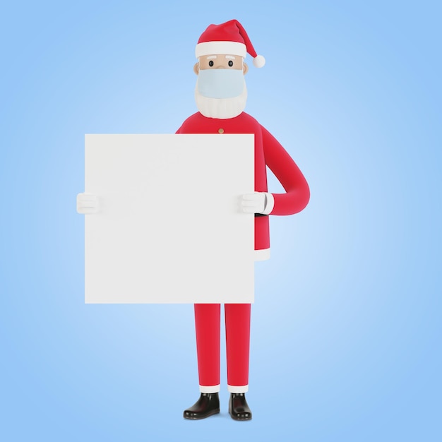 Santa Claus in a mask with a banner. For Christmas cards, banners and labels. 3D illustration in cartoon style.