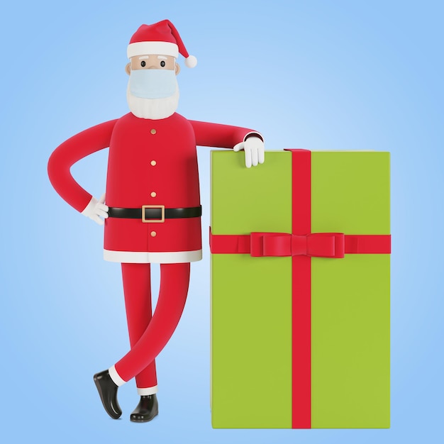 Santa Claus in a mask with a gift box. For Christmas cards, banners and labels. 3D illustration in cartoon style.