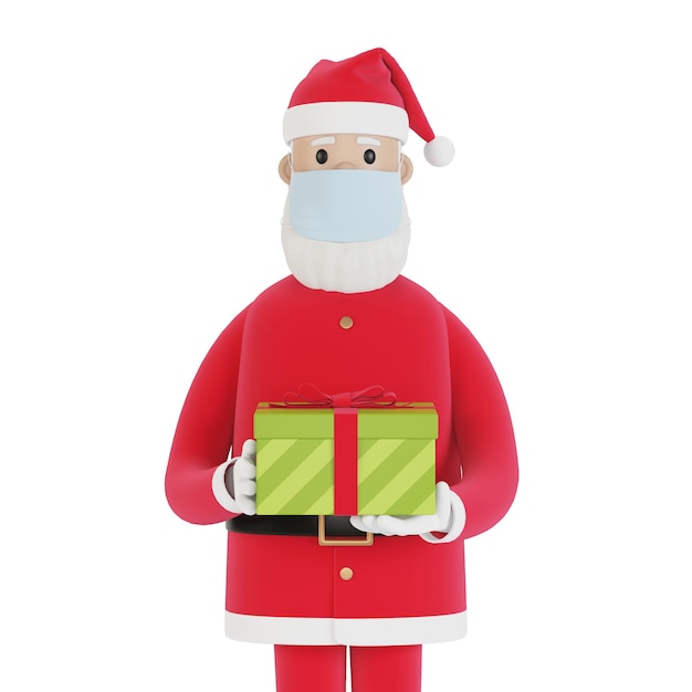 Santa Claus in a mask with a gift box For Christmas cards banners and labels 3D illustration in cartoon style