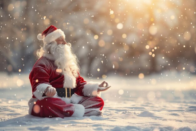 Photo santa claus meditating in snow during sunrise with snowflakes falling