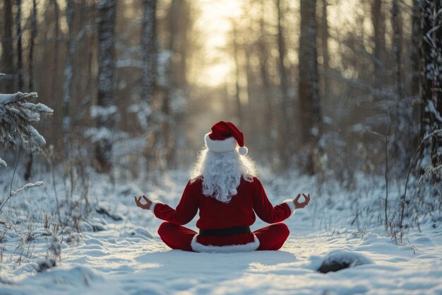 Photo santa claus meditating in a snowy forest