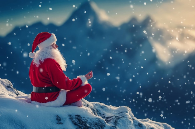 Santa Claus meditating in a snowy mountain landscape