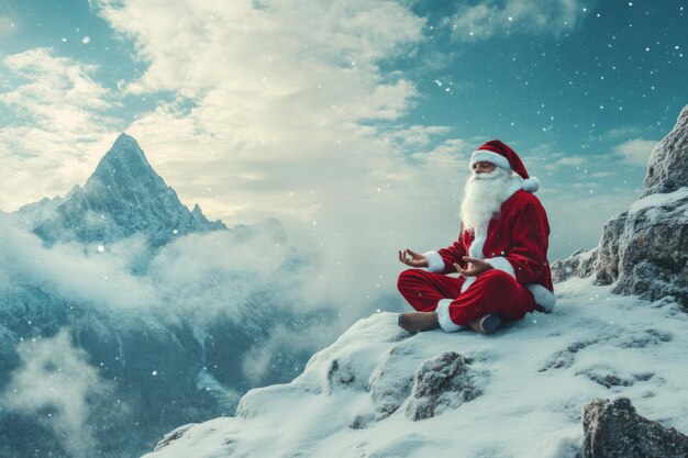 Photo santa claus meditating on a snowy mountaintop