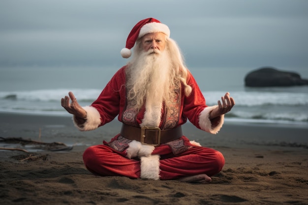 Photo santa claus in meditating yoga pose on the beach santa relaxing wellness mindfulness practice generate ai