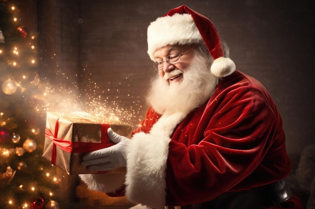 Santa Claus Opening Christmas Present With Shiny Lights