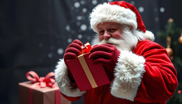 Santa Claus opening a red Christmas present isolated with white highlights