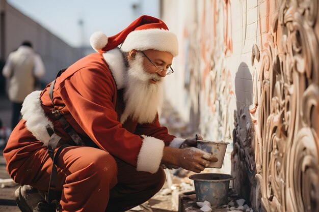 Santa Claus painting a mural on a sunny day