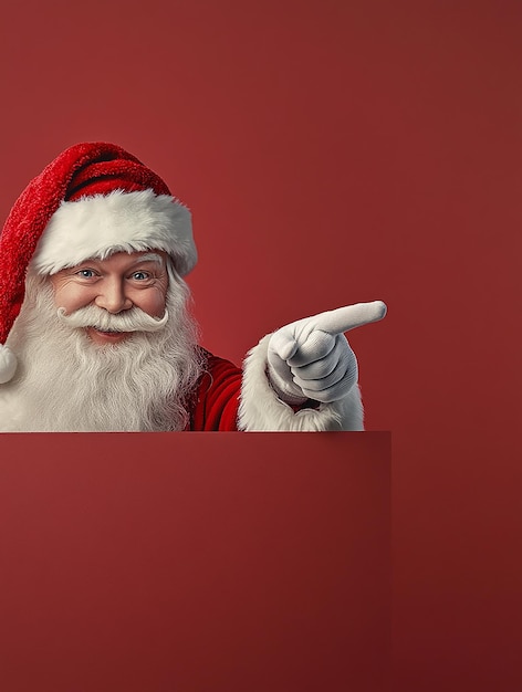 Photo santa claus pointing in blank advertisement banner for christmas