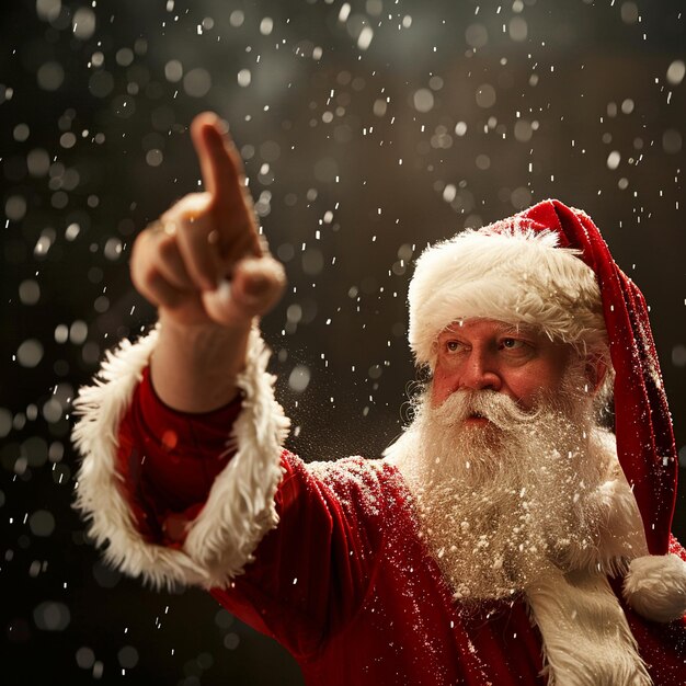 a santa claus pointing at something with a hand pointing