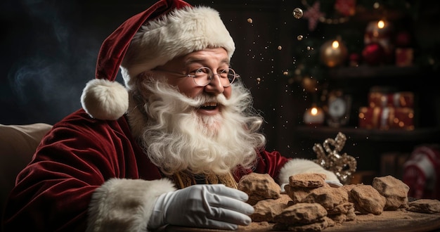 Santa Claus pointing in white blank sign with smile on winter snow background