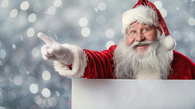 Santa Claus pointing with a cheerful smile in a festive background This image is ideal for Christmas promotions holiday cards and festive advertisements A classic style Santa claus for holiday use AI