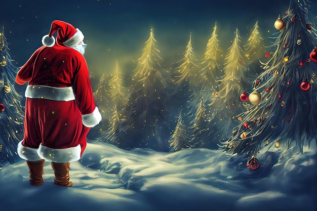 Santa Claus portrait Christmas illustration Holiday decorations Christmas tree gifts decorations Happy New Year digital art style illustration painting