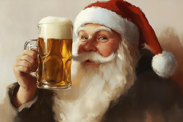 The Santa Claus portrait with the glass of beer closeup The grandfather drinks beer after the holiday painting portrait