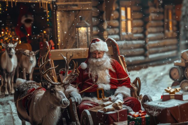 Photo santa claus preparing gifts with reindeer in winter wonderland during festive holiday season