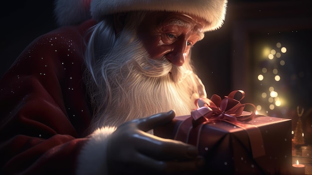 A santa claus presents a gift in a dark room.