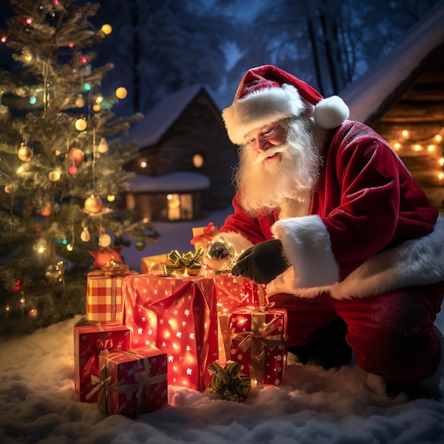 Santa Claus puts down gift boxes under the Christmas tree Generative Ai