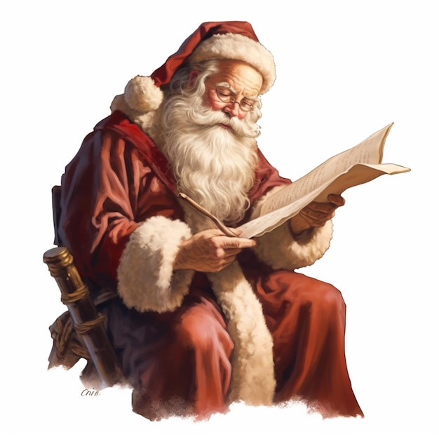 Santa claus reading a book while sitting on a chair generative ai