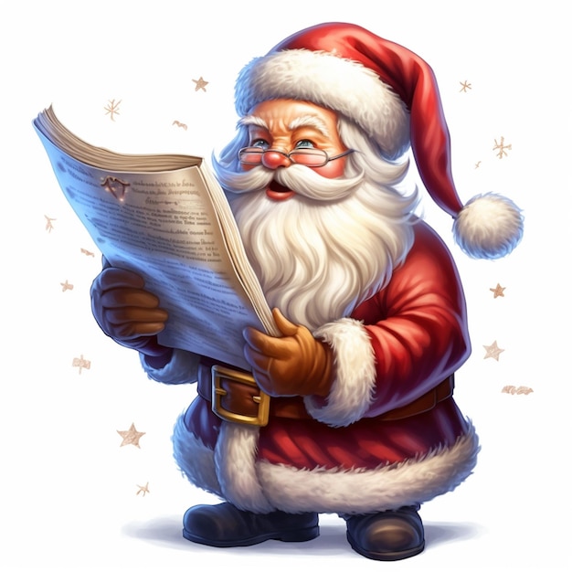 Santa claus reading a christmas caroling book with stars in the background generative ai