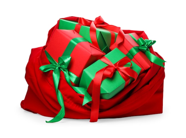 Santa Claus red bag full of presents isolated on white