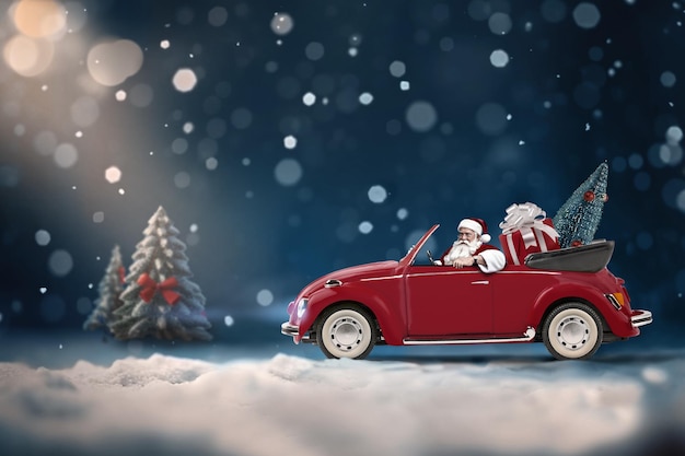 Santa Claus in Red car delivering christmas tree and gifts at snowy background