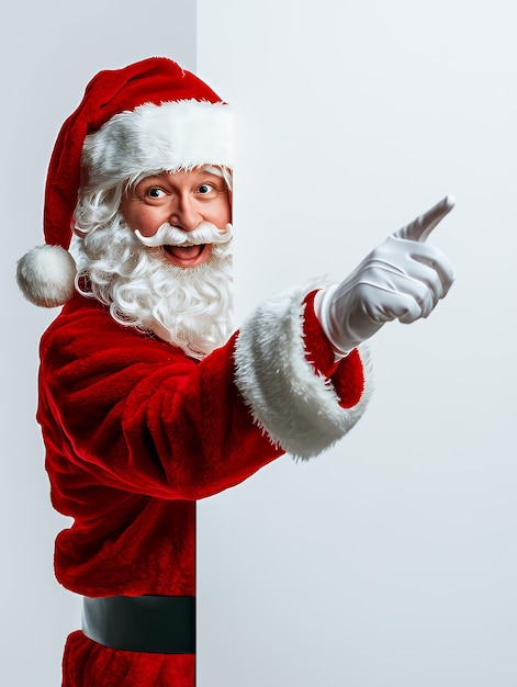 Santa Claus in a red suit points to a blank white wall