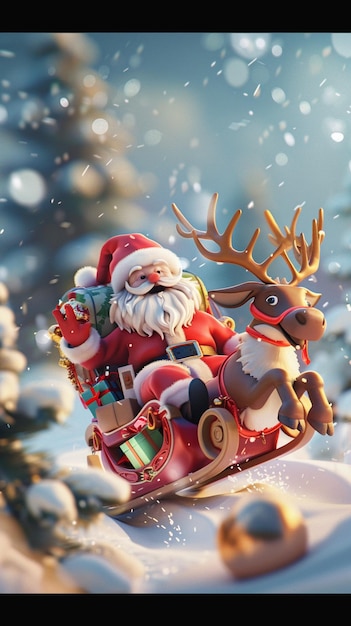 santa claus and reindeer on sleigh with snow falling around generative ai