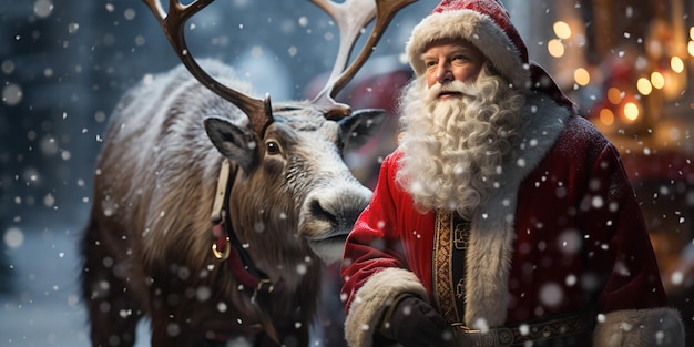 Photo santa claus on a reindeer waking in snow storm in the road generative ai