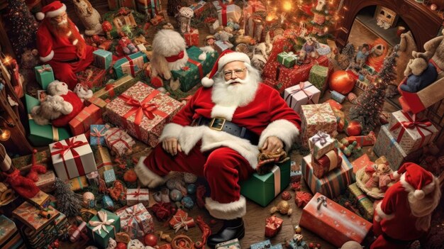 Santa Claus Relaxing Amidst Pile of Christmas Presents