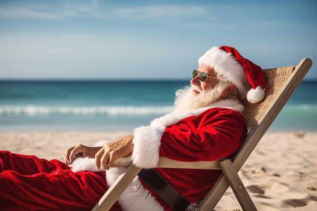 Santa Claus relaxing on tropical beach He is lying on a sunlounger sipping a cocktail and enjoying