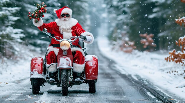 Santa Claus rides a red motorcycle in the snow