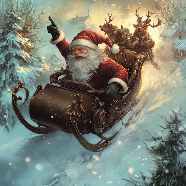 Photo a santa claus rides a sleigh with a reindeer in the background