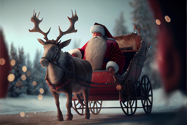 Santa Claus riding a deer in a sleigh cartoon 3D Merry Christmas