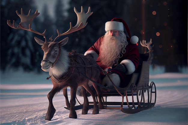 Santa Claus riding a deer in a sleigh cartoon 3D Merry Christmas