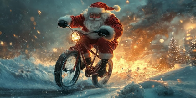 Santa claus riding his bike on a snowy christmas eve