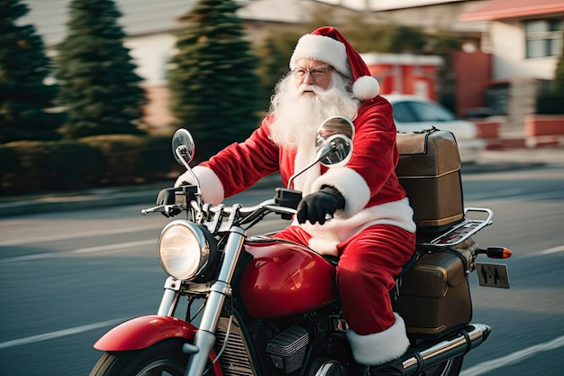 Santa claus riding a motorcycle in the city