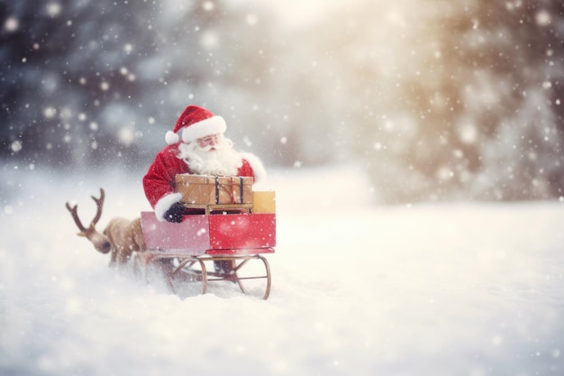 Santa Claus riding in a sleigh pulled by a team of reindeer Generative AI