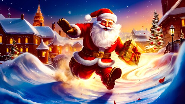 Santa claus running through the snow with gift box in his hand Generative AI