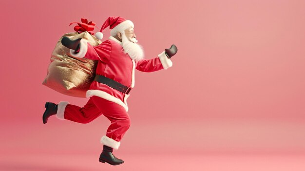 Photo santa claus running with a bag of presents