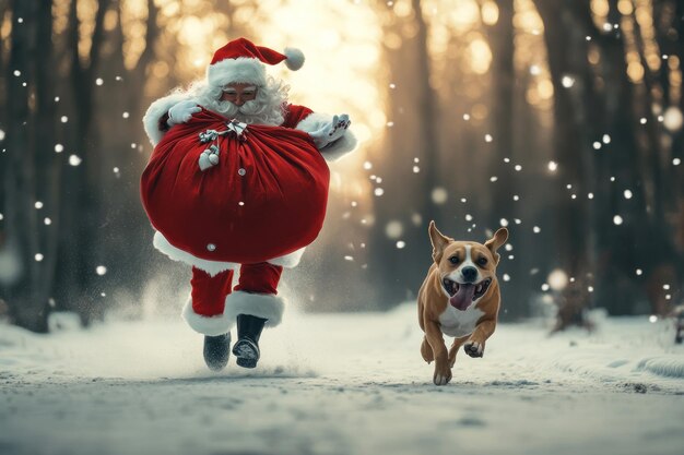 Photo a santa claus running with a dog in the snow