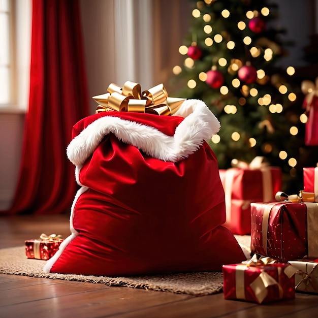 Photo santa claus sack of gifts nexts to christmas tree cultural tradition of giving and sharing