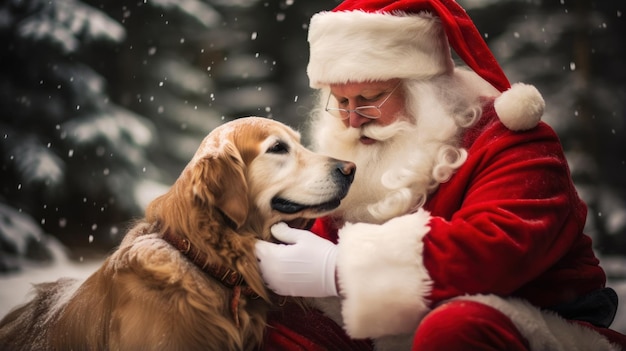 Santa Claus and santas helper golden retriever dog portrait Happy Santa Claus with dog near Christmas tree Santa for dogs sale web banner